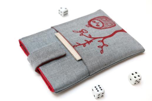 Kobo Mini sleeve case ereader light denim magnetic closure pocket red owl Kobo Mini sleeve case ereader light denim magnetic closure pocket red owl