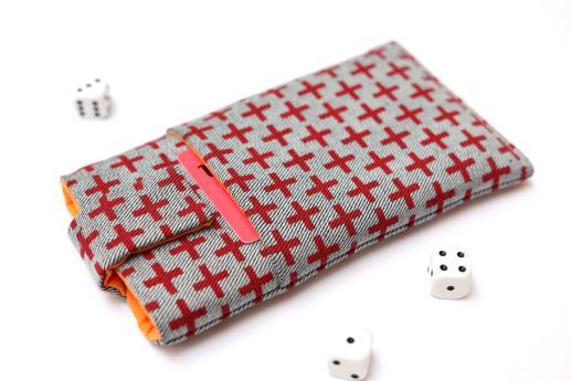 OnePlus 6 sleeve case pouch light denim magnetic closure pocket red plus pattern OnePlus 6 sleeve case pouch light denim magnetic closure pocket red plus pattern