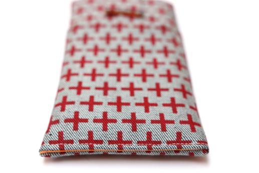 OnePlus 6 sleeve case pouch light denim magnetic closure pocket red plus pattern OnePlus 6 sleeve case pouch light denim magnetic closure pocket red plus pattern