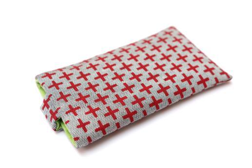 OnePlus 6 sleeve case pouch light denim magnetic closure red plus pattern OnePlus 6 sleeve case pouch light denim magnetic closure red plus pattern