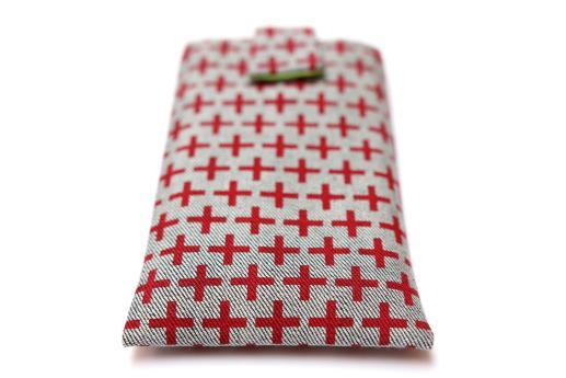 OnePlus 6 sleeve case pouch light denim magnetic closure red plus pattern OnePlus 6 sleeve case pouch light denim magnetic closure red plus pattern